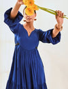 Blue Cotton Maxi Long Dress with Belt