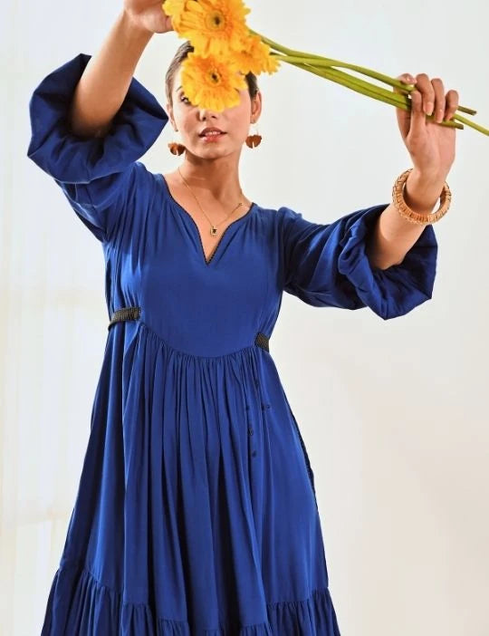 Blue Cotton Maxi Long Dress with Belt