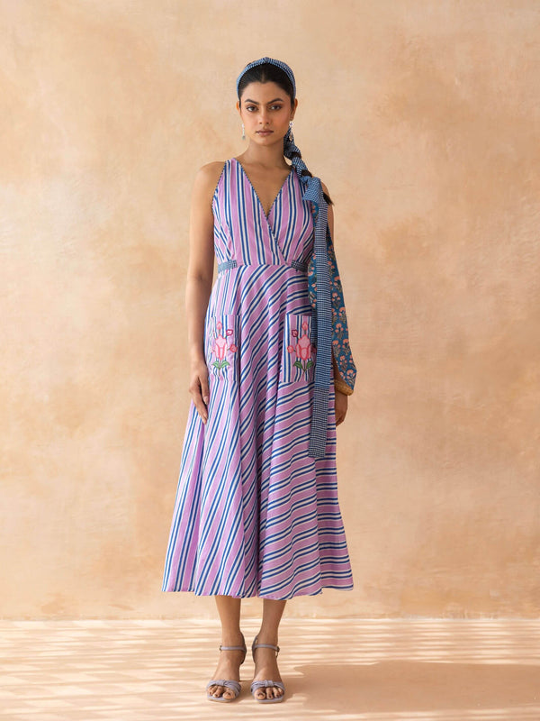 Lileth : Cotton Midi Dress for Women in Lilac & Blue | Striped Dress with Pockets