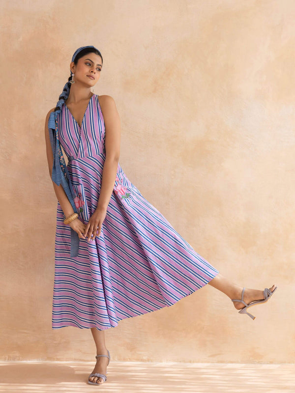 Lileth : Cotton Midi Dress for Women in Lilac & Blue | Striped Dress with Pockets