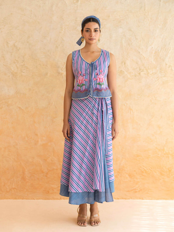 Viola Set : Cotton Skirt Set for Women in Lilac & Blue| Striped 2-Piece Summer Outfit
