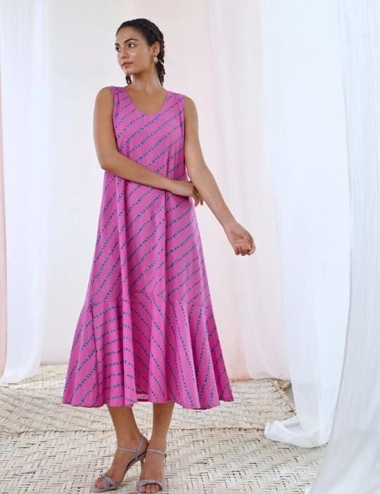 Pink A-Line Printed Sleeveless Cotton Dress