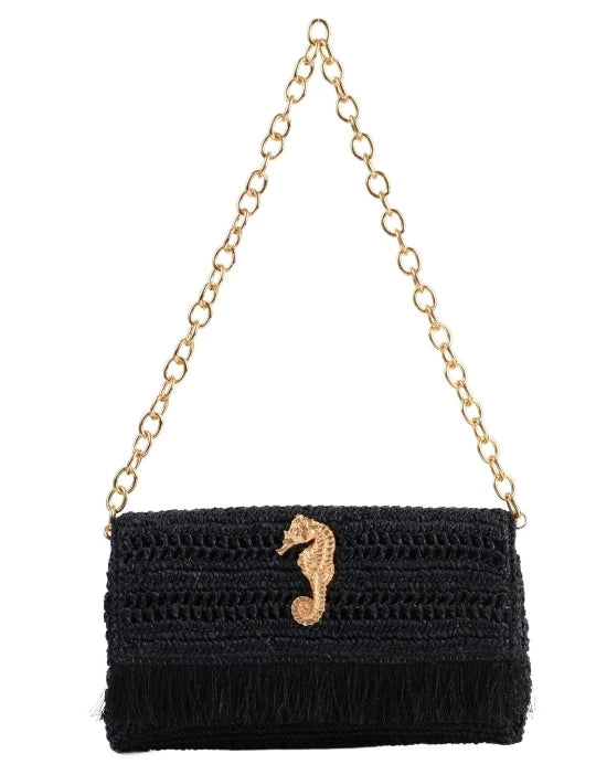 Black Slim Real Raffia Clutch