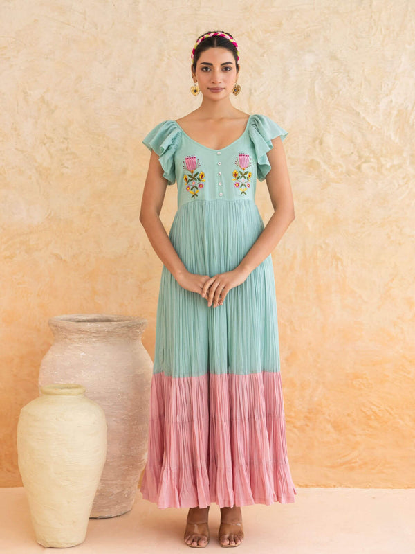 Rosie : Cotton Voile Maxi Dress for Women in Mint Green | Embroidered Tiered Summer Dress