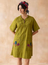 Olley : Dark Olive Cotton Knee-Length Dress with Embroidered Pockets
