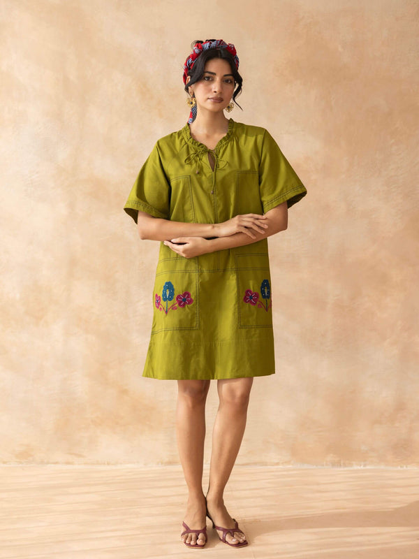 Olley : Dark Olive Cotton Knee-Length Dress with Embroidered Pockets