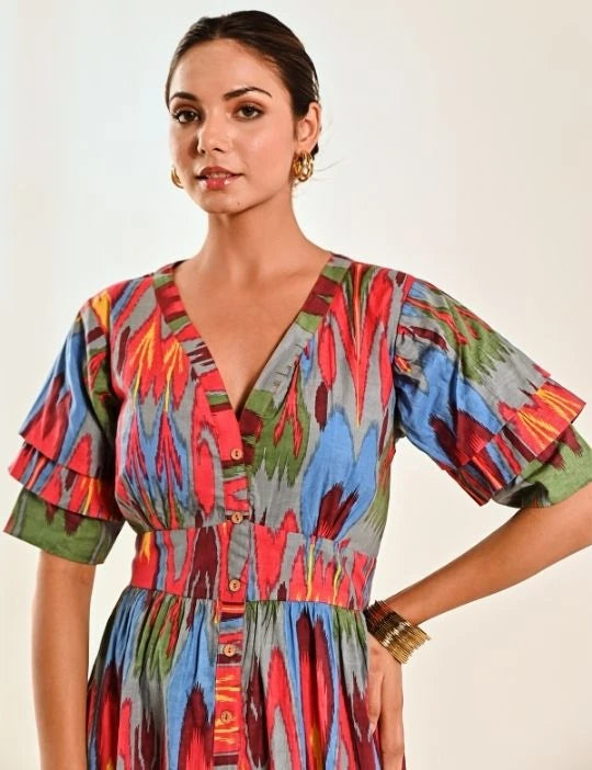 Red Ikat Print Cotton A line Long Dress