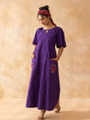 Peora : Purple Cotton Midi Dress with Embroidered Pockets