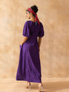 Peora : Purple Cotton Midi Dress with Embroidered Pockets
