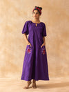 Peora : Purple Cotton Midi Dress with Embroidered Pockets