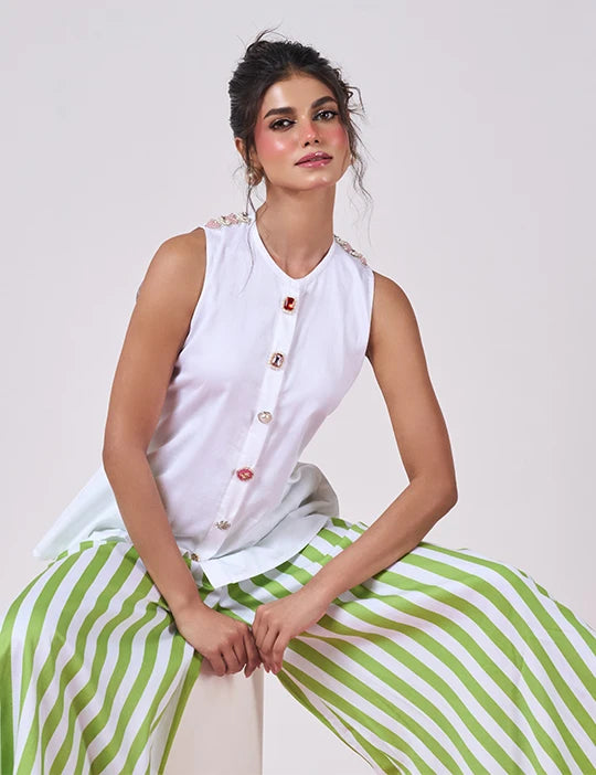 White Top with Green & White Striped Pant