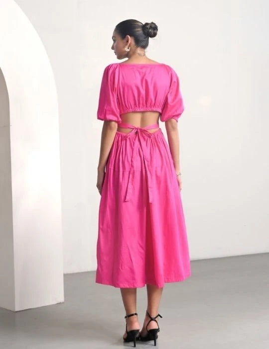 Pink Cotton Satin Deep-V Bareback Party Dress