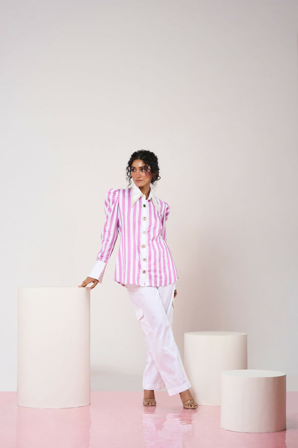 Striped Mauve & White Shirt with White Pant