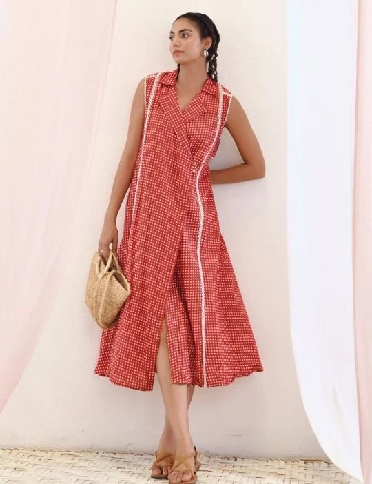 Red Printed Cotton Sleeveless Wrap Dress