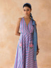 Lileth : Cotton Midi Dress for Women in Lilac & Blue | Striped Dress with Pockets