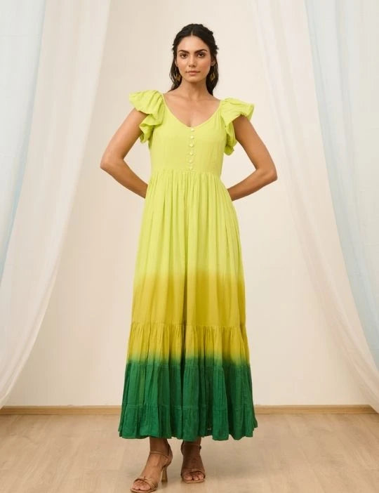 Lime Green Ombre Flared Maxi Dress