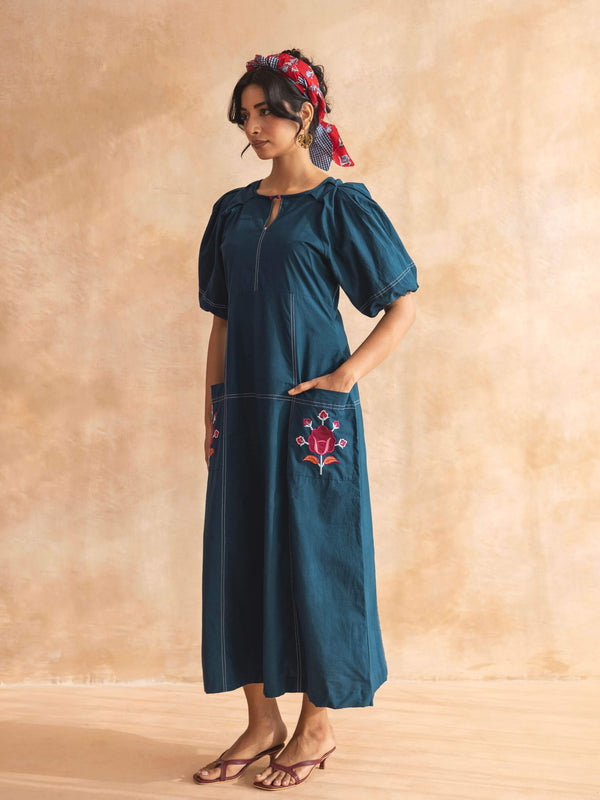 Teora : Teal Cotton Midi Dress with Embroidered Pockets