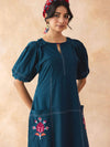 Teora : Teal Cotton Midi Dress with Embroidered Pockets