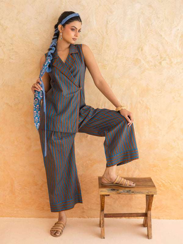 Dune Set : Cotton Co-ord Set for Women in Teal & Rust | Striped 2-Piece Summer Outfit