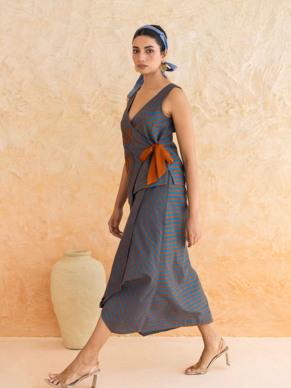 Alora Set : Cotton Skirt Set for Women in Teal & Rust | Striped 2-Piece Summer Outfit