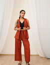 Brown Cotton Sleeveless Embroidered Jacket Set