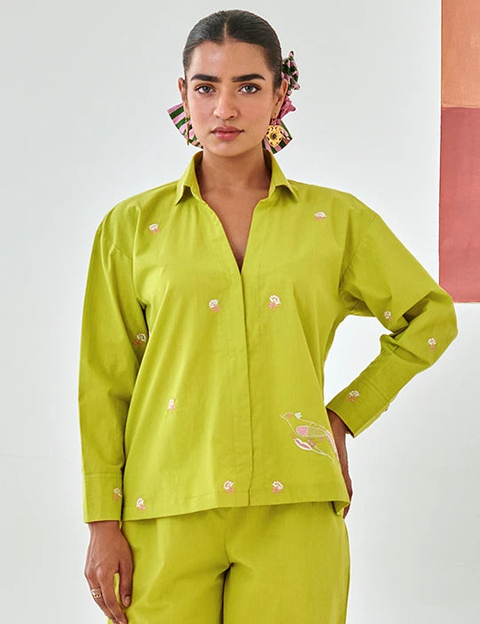 Lemon Shirt With Floral Embroidery