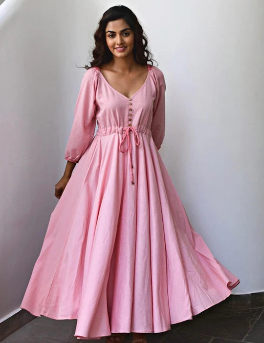 Pink Flared Long Cotton Maxi Dress