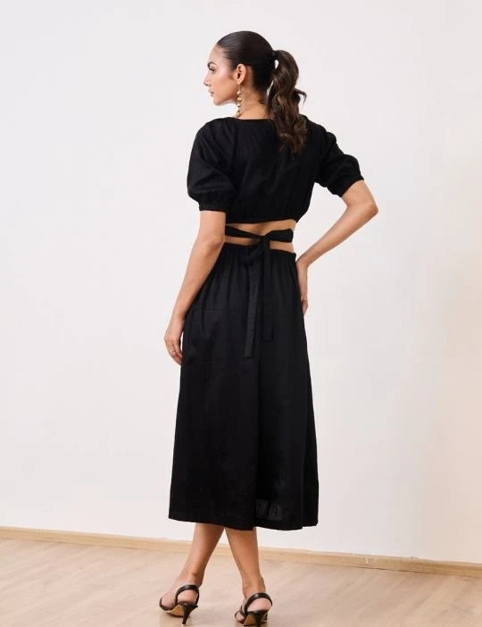 Black Cotton Satin Deep-V Bareback Party Dress