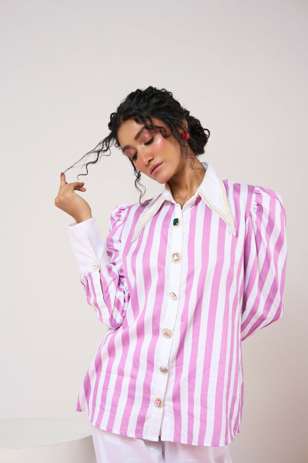 Striped Mauve & White Shirt with White Pant