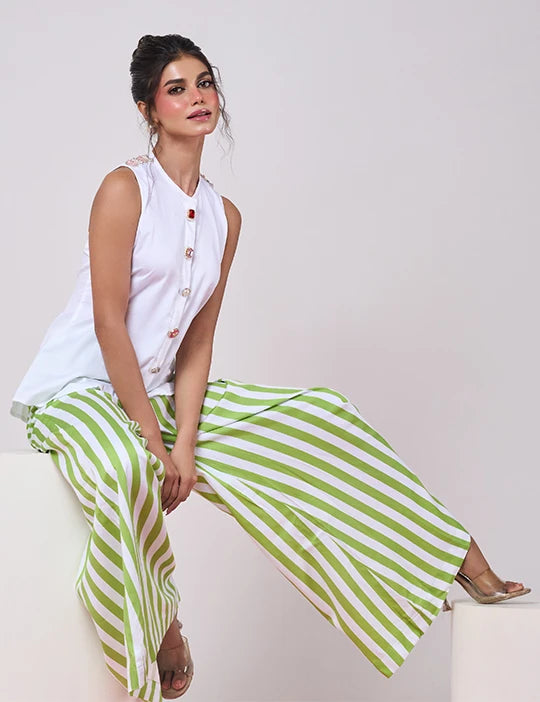 White Top with Green & White Striped Pant