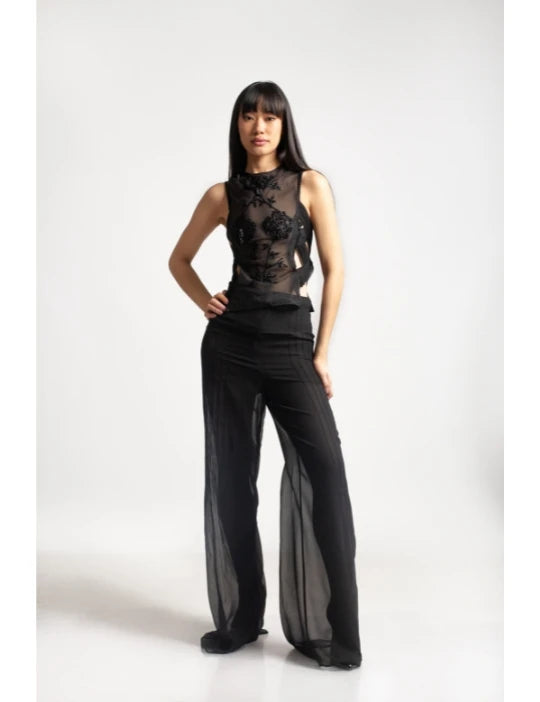 Hand Embroidered Sheer Top with Detachable Sleeves