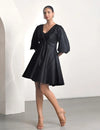 Black V-Neck Short Party Dress with Balloon Sleeves