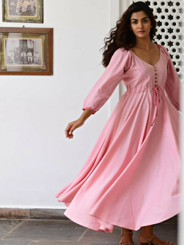 Pink Flared Long Cotton Maxi Dress