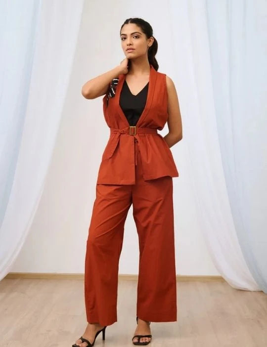 Brown Cotton Sleeveless Embroidered Jacket Set