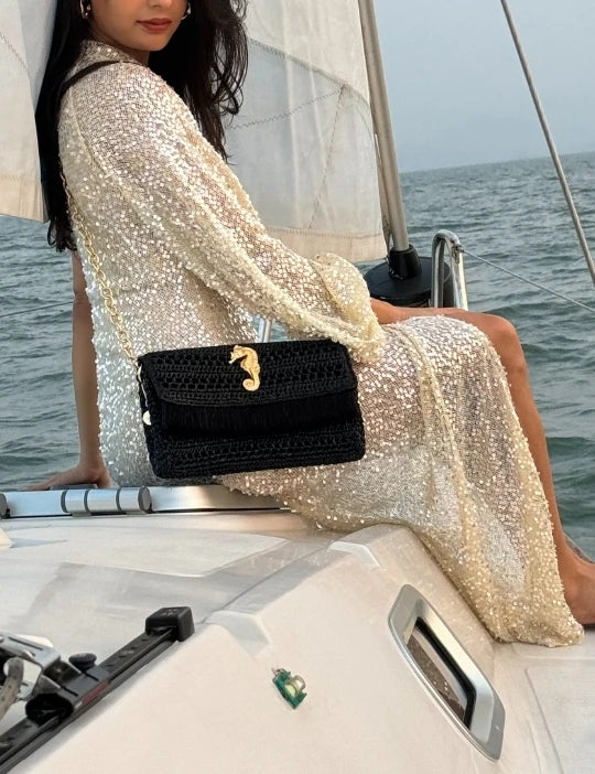 Black Slim Real Raffia Clutch