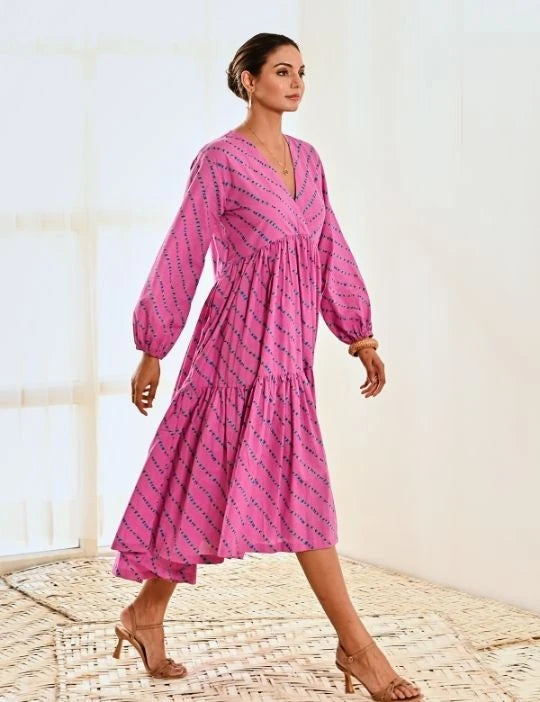 Pink Cotton Striped Print Maxi Long Dress