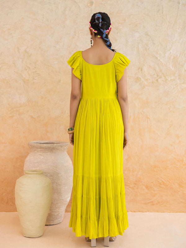 Limmon : Cotton Voile Maxi Dress for Women in Yellow | Voluminous Embroidered Summer Dress