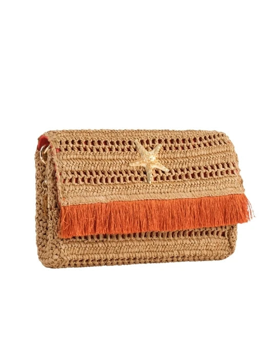 Brown Slim Real Raffia Clutch