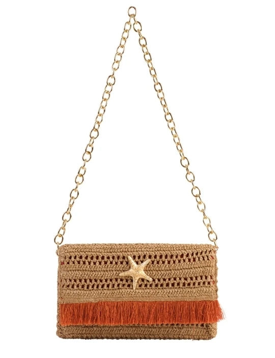 Brown Slim Real Raffia Clutch