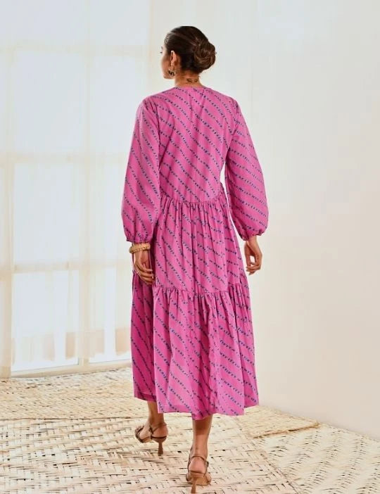 Pink Cotton Striped Print Maxi Long Dress